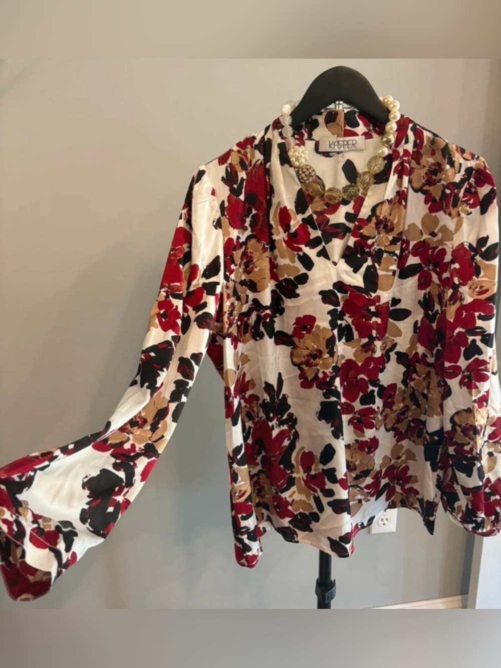 Kasper Red, Black & Tan Floral V-Neck Blouse